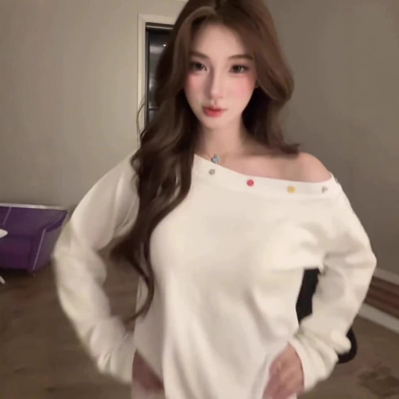 Tricou alb pentru femei, cu umăr la un singur umăr și mânecă lungă – croială lejeră, primăvară-toamnă