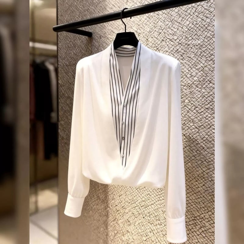 Bluză albă cu dungi, aspect de două piese, pentru ținută casual-office, primăvara 2026, decolteu în V.
