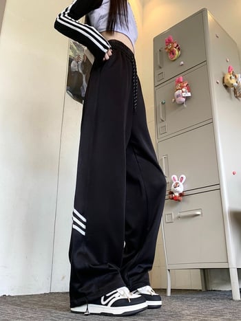 Pantaloni casual vintage gri deschis pentru femei, primăvară–toamnă, stil sport, croială dreaptă, largi, cu manșete la gleznă