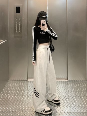 Pantaloni casual vintage gri deschis pentru femei, primăvară–toamnă, stil sport, croială dreaptă, largi, cu manșete la gleznă