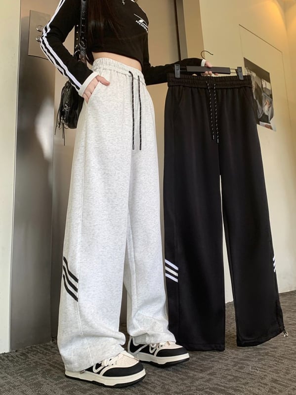 Pantaloni casual vintage gri deschis pentru femei, primăvară–toamnă, stil sport, croială dreaptă, largi, cu manșete la gleznă