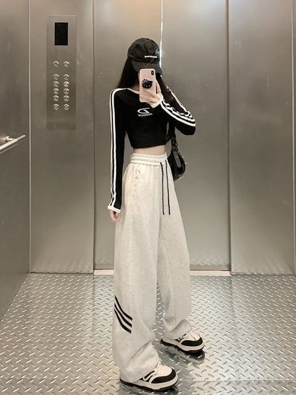 Pantaloni casual vintage gri deschis pentru femei, primăvară–toamnă, stil sport, croială dreaptă, largi, cu manșete la gleznă