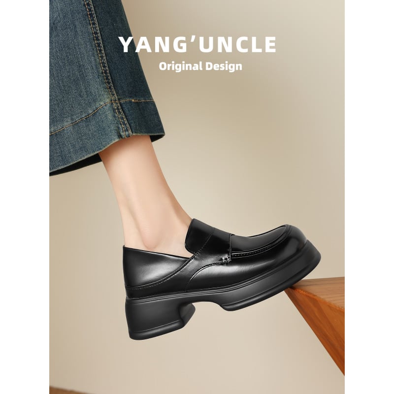 Loafers negri pentru femei, stil britanic retro, talpă groasă, toc gros, vârf rotund, din piele artificială