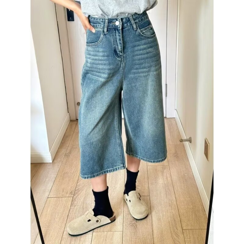 Jeans dama croială lejeră, talie înaltă, wide-leg cropped, vară 2026