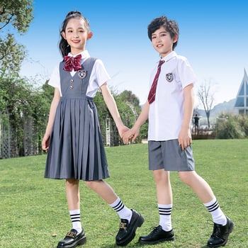 Set uniformă școlară pentru elevi din gimnaziu și liceu — rochie formală pentru copii, ținută pentru reprezentații de Ziua Copilului, uniformă pentru fotografii de absolvire, stil colegiu cu bretele