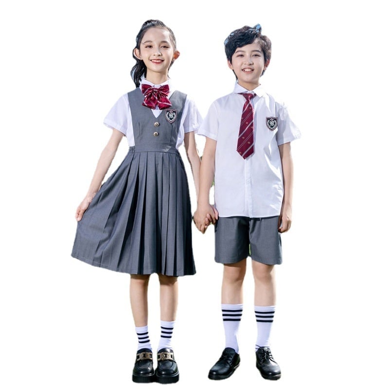 Set uniformă școlară pentru elevi din gimnaziu și liceu — rochie formală pentru copii, ținută pentru reprezentații de Ziua Copilului, uniformă pentru fotografii de absolvire, stil colegiu cu bretele