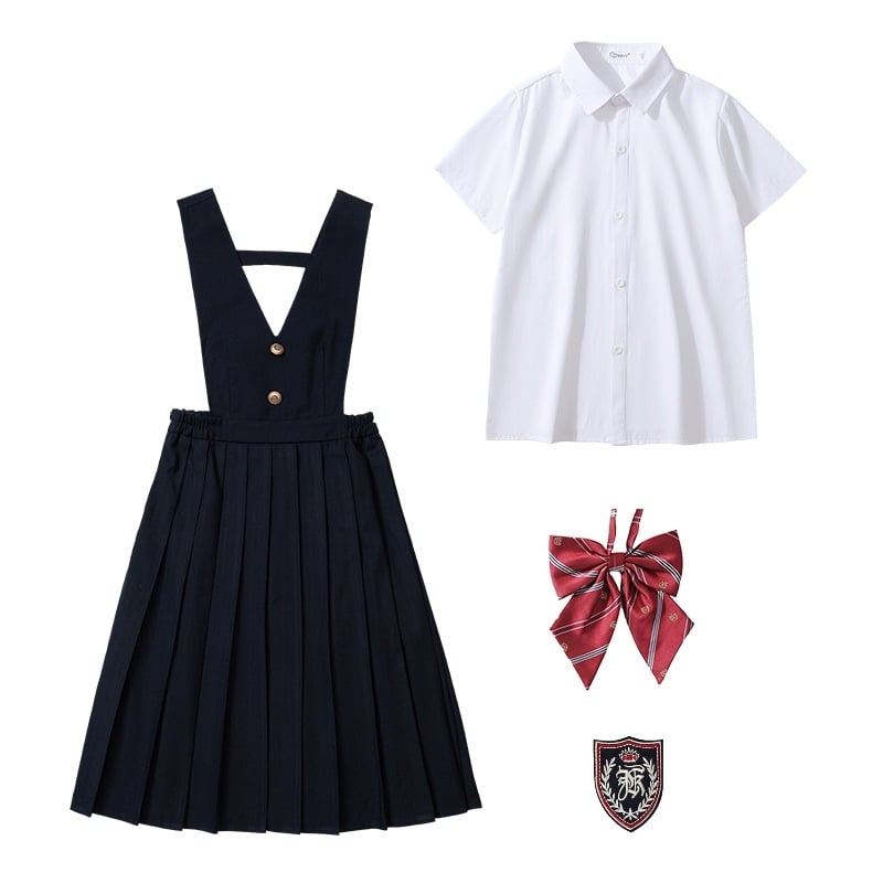 Set uniformă școlară pentru elevi din gimnaziu și liceu — rochie formală pentru copii, ținută pentru reprezentații de Ziua Copilului, uniformă pentru fotografii de absolvire, stil colegiu cu bretele