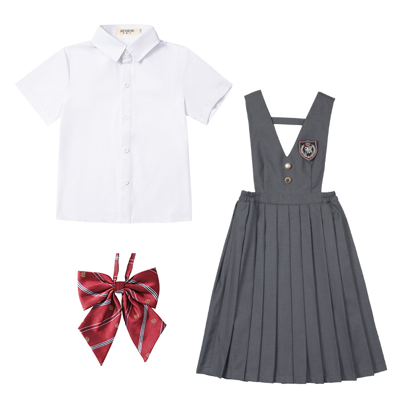 Set uniformă școlară pentru elevi din gimnaziu și liceu — rochie formală pentru copii, ținută pentru reprezentații de Ziua Copilului, uniformă pentru fotografii de absolvire, stil colegiu cu bretele