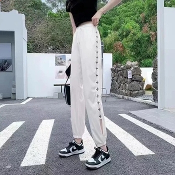 Pantaloni haarem cropped pentru femei, din material ice-silk, uscare rapidă, croială lejeră, plus size