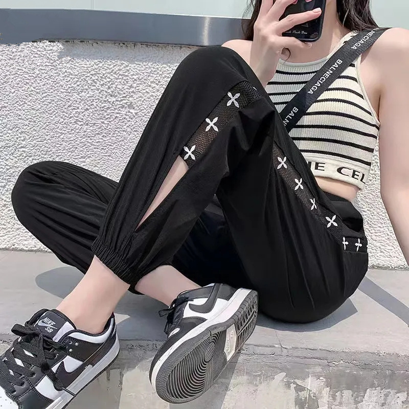 Pantaloni haarem cropped pentru femei, din material ice-silk, uscare rapidă, croială lejeră, plus size