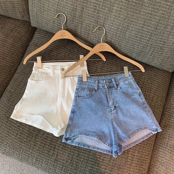 Șort denim pentru femei, talie înaltă, croială Slim, margine neregulată, elastice, stil american