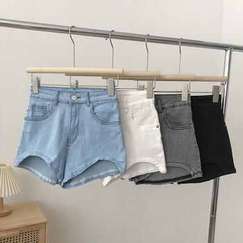 Șort denim pentru femei, talie înaltă, croială Slim, margine neregulată, elastice, stil american