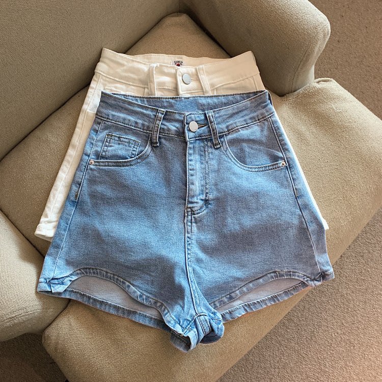 Șort denim pentru femei, talie înaltă, croială Slim, margine neregulată, elastice, stil american