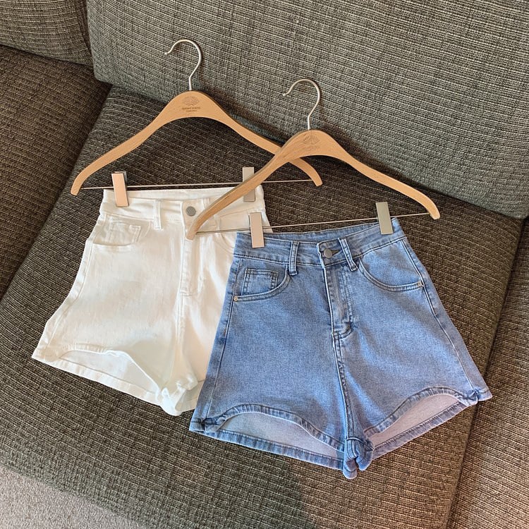 Șort denim pentru femei, talie înaltă, croială Slim, margine neregulată, elastice, stil american