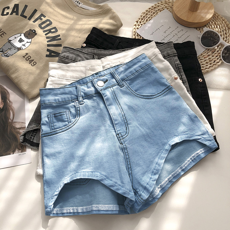 Șort denim pentru femei, talie înaltă, croială Slim, margine neregulată, elastice, stil american
