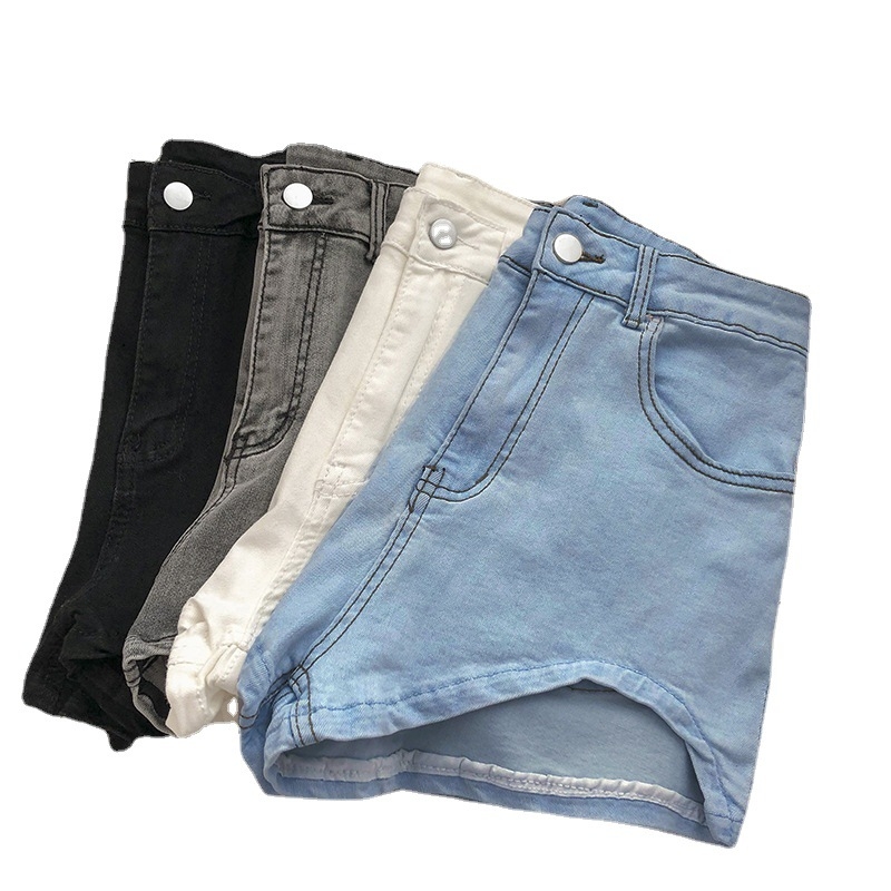 Șort denim pentru femei, talie înaltă, croială Slim, margine neregulată, elastice, stil american
