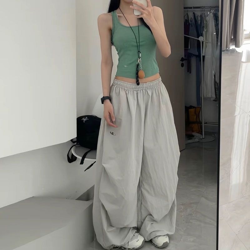 Pantaloni de lucru în stil american pentru femei de înălțime redusă, pantaloni sport uscați rapid, talie înaltă, croială coreeană, picioare largi