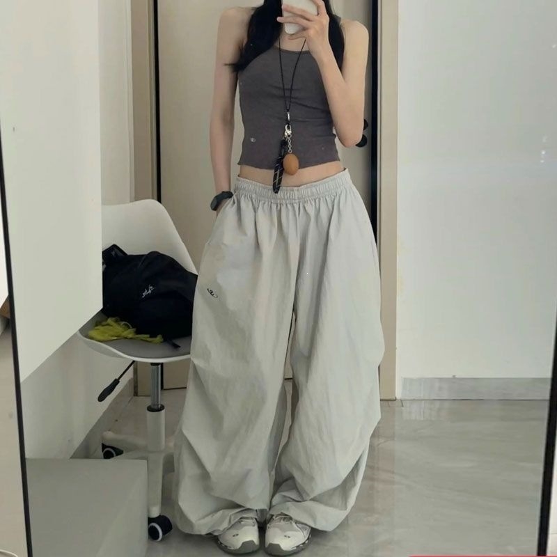 Pantaloni de lucru în stil american pentru femei de înălțime redusă, pantaloni sport uscați rapid, talie înaltă, croială coreeană, picioare largi