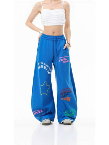 Pantaloni de trening personalizați, în stil american retro, cu imprimeu de litere și tiv curbat, design unisex, casual, largi