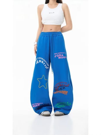 Pantaloni de trening personalizați, în stil american retro, cu imprimeu de litere și tiv curbat, design unisex, casual, largi