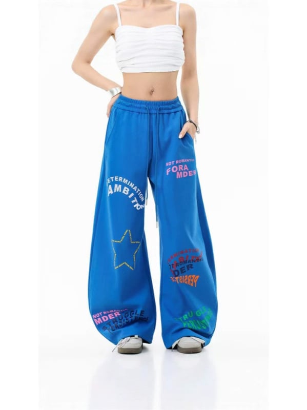 Pantaloni de trening personalizați, în stil american retro, cu imprimeu de litere și tiv curbat, design unisex, casual, largi