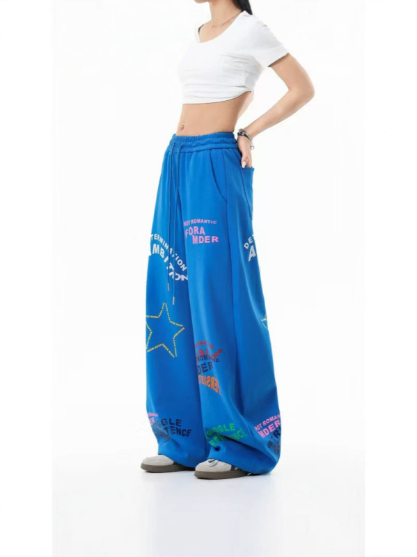 Pantaloni de trening personalizați, în stil american retro, cu imprimeu de litere și tiv curbat, design unisex, casual, largi
