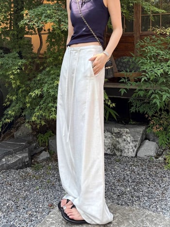 Pantaloni albi, largi din Tencel-Lin pentru femei, ușori de vară, țesătură bumbac-lin, stil Old Money, croială dreaptă cu drapaj
