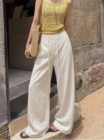 Pantaloni albi, largi din Tencel-Lin pentru femei, ușori de vară, țesătură bumbac-lin, stil Old Money, croială dreaptă cu drapaj