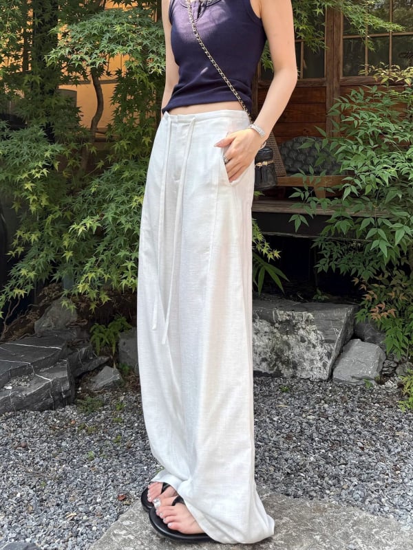 Pantaloni albi, largi din Tencel-Lin pentru femei, ușori de vară, țesătură bumbac-lin, stil Old Money, croială dreaptă cu drapaj