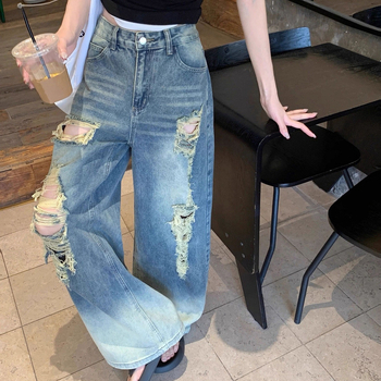 Pantaloni din denim pentru femei, talie înaltă, rupți, croială dreaptă spre largă, ușori pentru vară