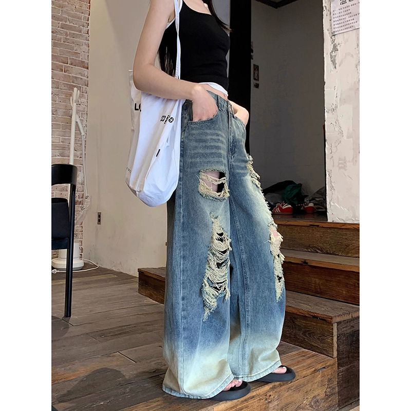 Pantaloni din denim pentru femei, talie înaltă, rupți, croială dreaptă spre largă, ușori pentru vară