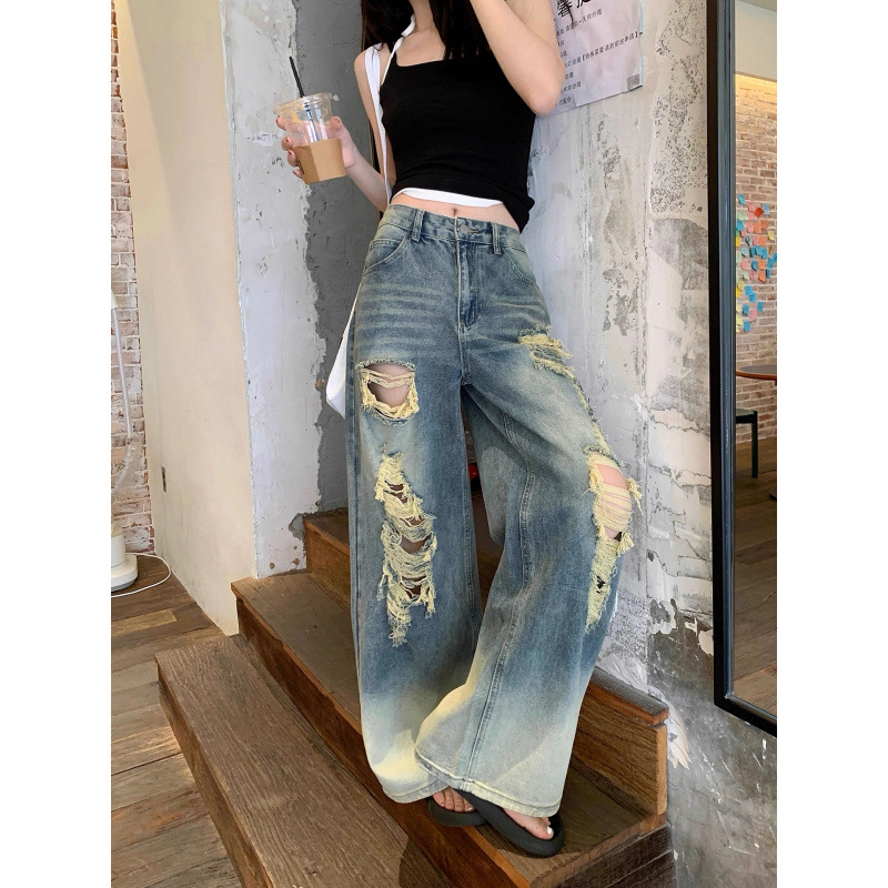 Pantaloni din denim pentru femei, talie înaltă, rupți, croială dreaptă spre largă, ușori pentru vară