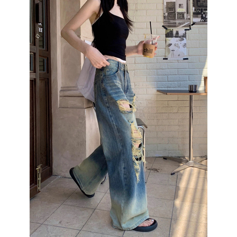 Pantaloni din denim pentru femei, talie înaltă, rupți, croială dreaptă spre largă, ușori pentru vară