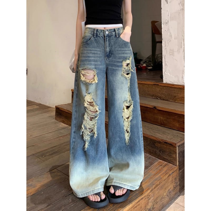 Pantaloni din denim pentru femei, talie înaltă, rupți, croială dreaptă spre largă, ușori pentru vară