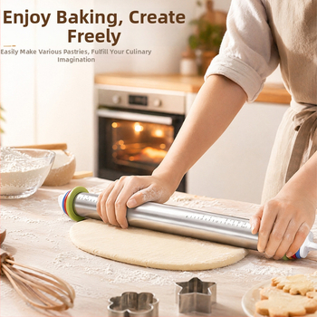 Nastaviteľný valček z nehrdzavejúcej ocele s rukoväťou z bukového dreva, 40-centimetrové rozmerové značky, nepriľnavý povrch na domáce pečenie a knedličky