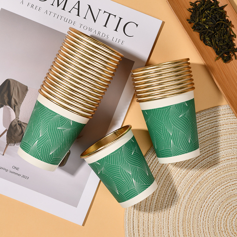 Cupe de hârtie cu folie de aur, de unică folosință, pentru băuturi calde, foarte groase; cafea, lapte de soia și ceai; uz casnic și comercial; 201-300 ml; hârtie laminată; etanșe; protecție împotriva arsurilor; imprimare logo disponibil