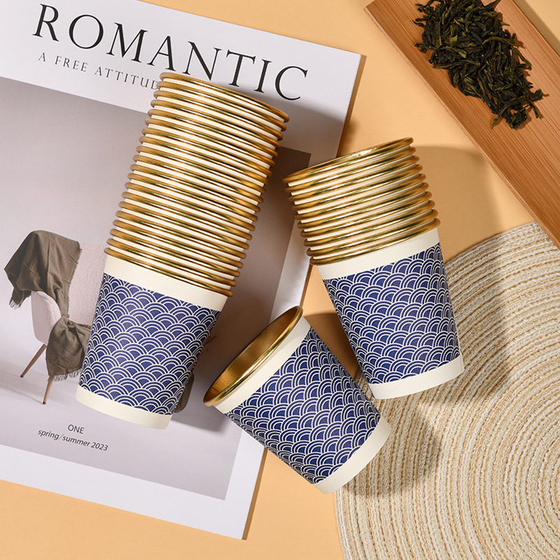 Cupe de hârtie cu folie de aur, de unică folosință, pentru băuturi calde, foarte groase; cafea, lapte de soia și ceai; uz casnic și comercial; 201-300 ml; hârtie laminată; etanșe; protecție împotriva arsurilor; imprimare logo disponibil