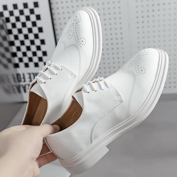 E8599 Pantofi casual din piele, stil brogue britanic, albi, cu talpă joasă, pentru bărbați