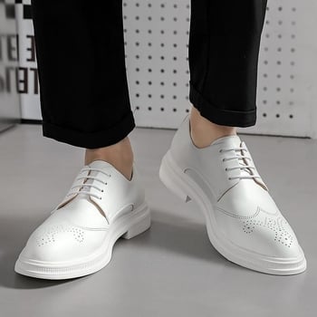 E8599 Pantofi casual din piele, stil brogue britanic, albi, cu talpă joasă, pentru bărbați