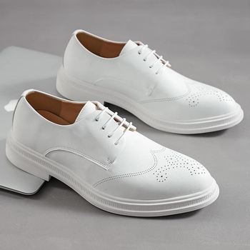 E8599 Pantofi casual din piele, stil brogue britanic, albi, cu talpă joasă, pentru bărbați