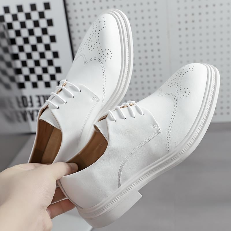 E8599 Pantofi casual din piele, stil brogue britanic, albi, cu talpă joasă, pentru bărbați