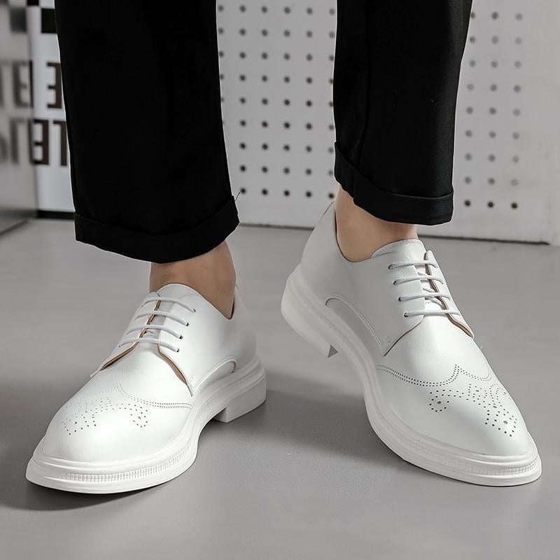E8599 Pantofi casual din piele, stil brogue britanic, albi, cu talpă joasă, pentru bărbați