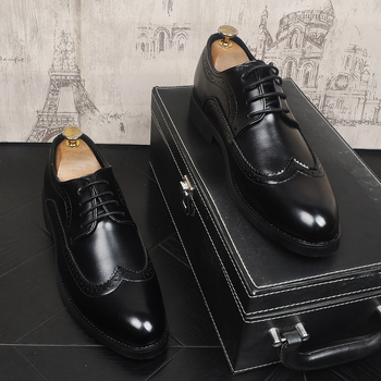 Pantofi derby pentru bărbați din piele, stil coreean, detalii brogue, vârf ascuțit, business casual