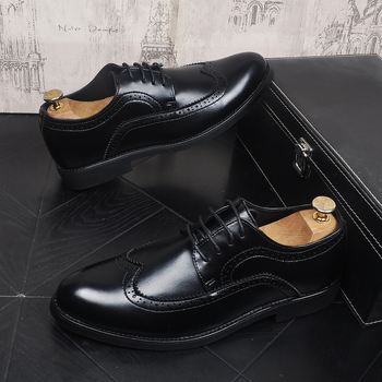 Pantofi derby pentru bărbați din piele, stil coreean, detalii brogue, vârf ascuțit, business casual