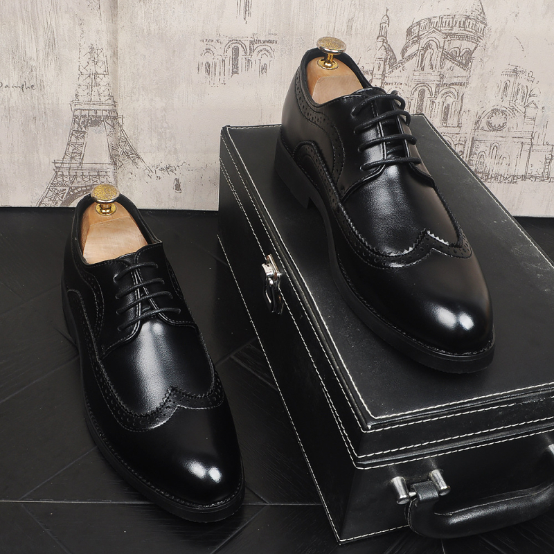 Pantofi derby pentru bărbați din piele, stil coreean, detalii brogue, vârf ascuțit, business casual