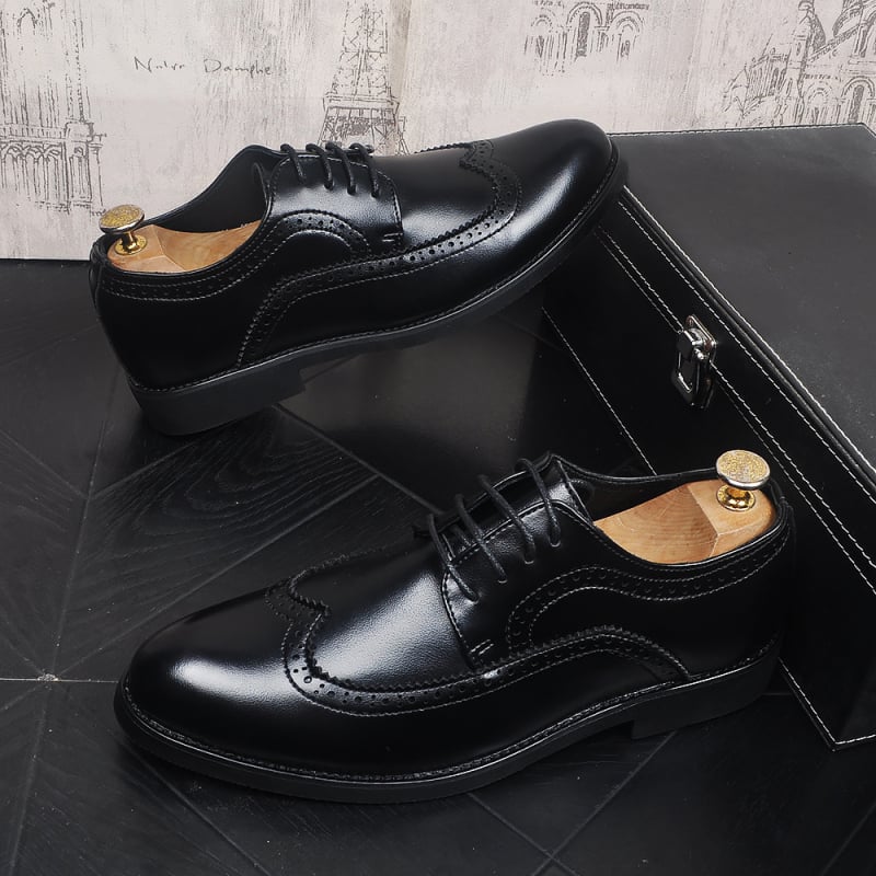 Pantofi derby pentru bărbați din piele, stil coreean, detalii brogue, vârf ascuțit, business casual