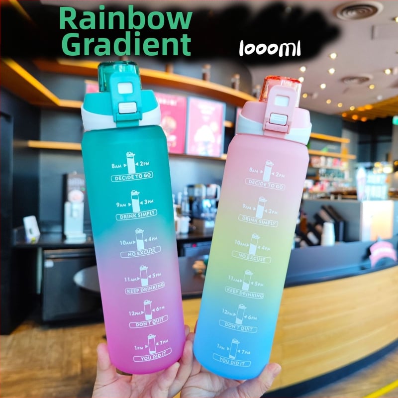 Cană de apă 1000 ml, stil sport minimalist, gradient curcubeu în trei culori, pentru băut direct, portabilă cu mâner