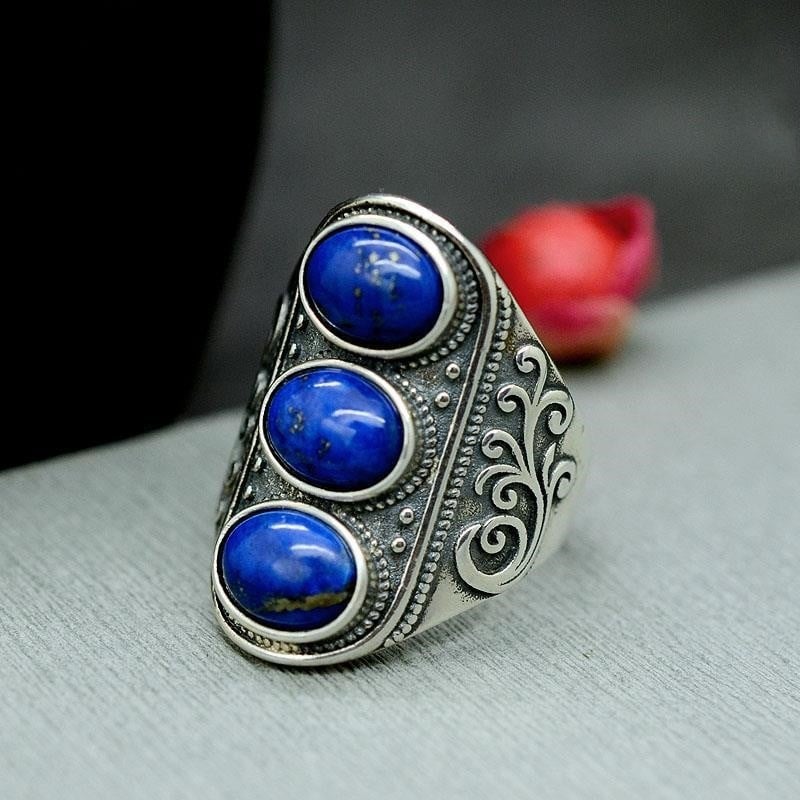 Inel unisex din lapis lazuli, cu gura deschisă, stil retro