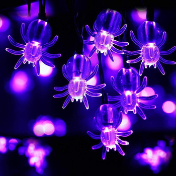 Şir LED mov în formă de păianjen, plastic transparent, 30 LEDs, decor interior/exterior pentru Halloween și Crăciun