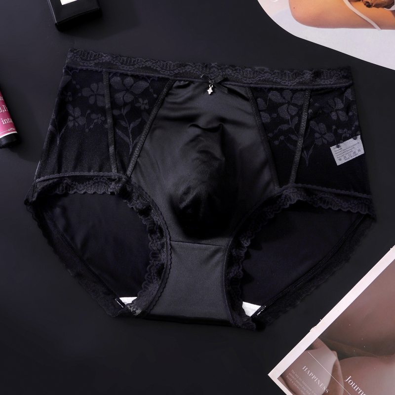 Slipuri bărbați din plasă ultrafina, margine din dantelă și design floral, stil franțuzesc sexy, talie medie